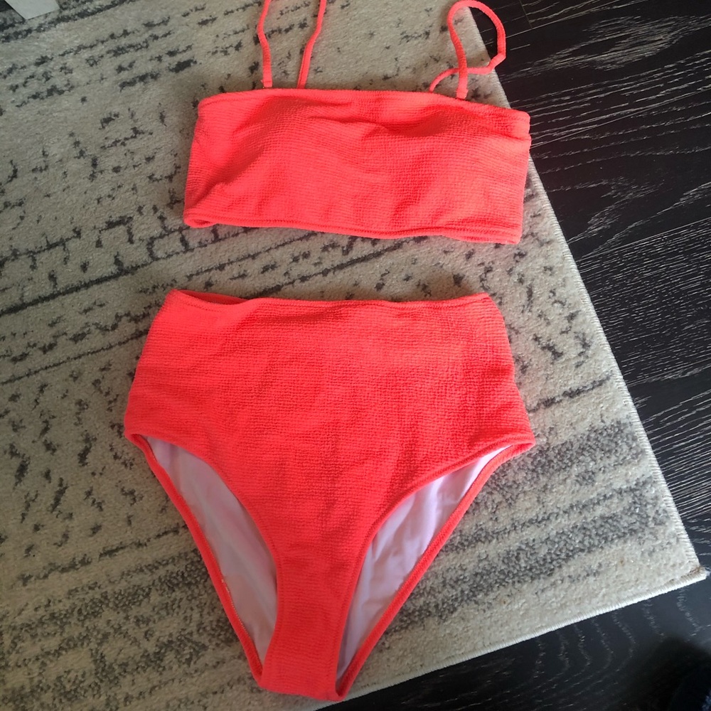 Cupshe neon pink bandeau high waisted swimsuit